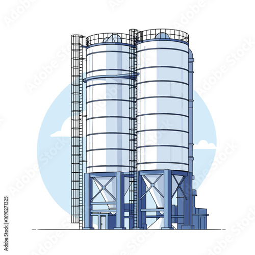 Industrial storage silos for bulk materials and agricultural commodities used in manufacturing and processing facilities