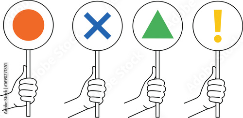 Cartoon vector illustration of four hands holding circular signs with different symbols, quiz, game, or decision‑making concept in flat style design