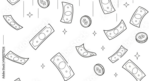 Seamless vector pattern of stylized falling cash and coins with shine effects. This cheerful and clean design is excellent for backgrounds related to finance and winning.