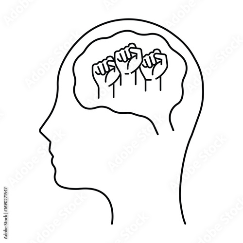 Empowerment Mind Icon Vector Illustration, Human Head with Raised Fists Symbolizing Strength, Protest, Motivation, Resilience, Line Art Style.