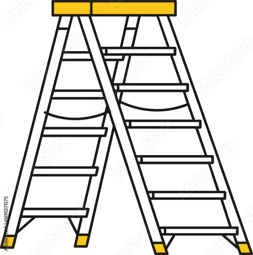 Detailed vector illustration of folding step ladder with yellow safety highlights, A‑frame design, multiple rungs, sturdy construction, home improvement, maintenance, workplace safety, flat style