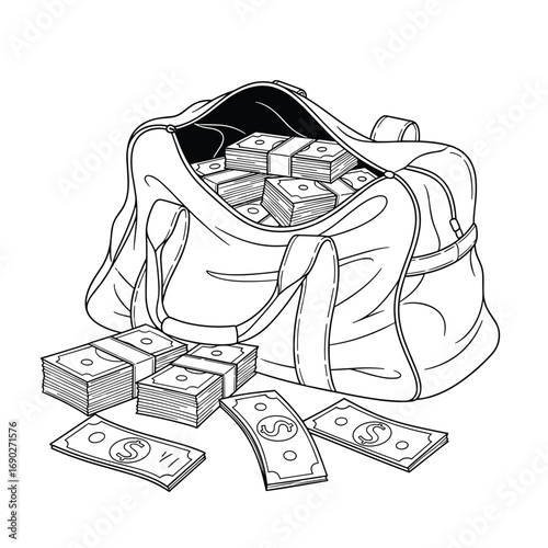 A large duffel bag filled with stacks of cash spilling onto the ground