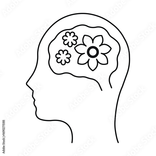 State of mind icon set vector illustration, human head with flowers, mindfulness outline, positive mental health awareness, psychology symbol.