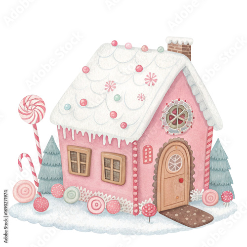 Watercolor illustration of a pastel pink gingerbread house  White Background