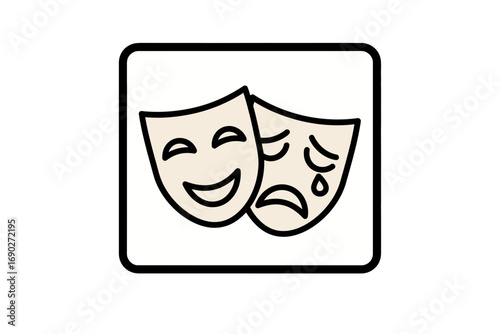 Two stylized theatre masks, one joyful and the other depicting sadness, within a square.