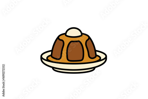 A delectable caramel custard dessert, elegantly served on a small plate, topped with a dollop of cream.
