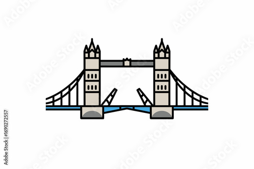 Illustration of the Tower Bridge in London, featuring its raised bascules against a white background.