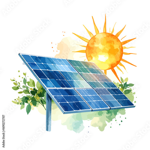 Watercolor illustration of a solar panel generating renewable energy from the sun.