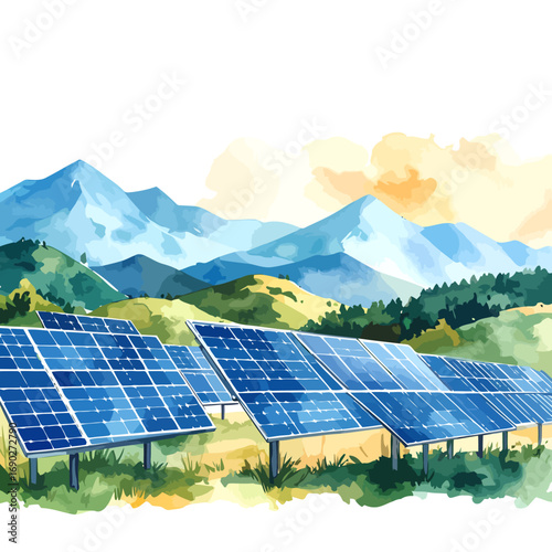 Solar panels in a green field with mountains in the background.