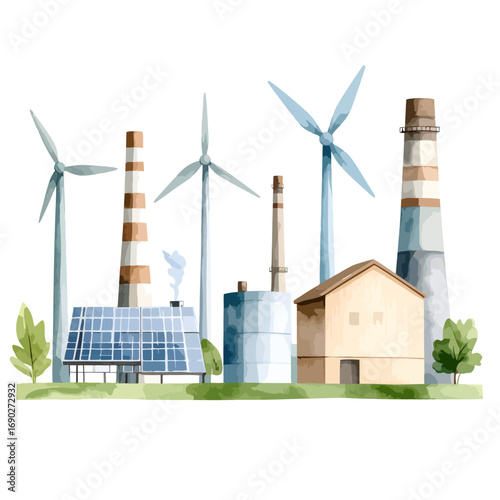 Sustainable energy and industrial power generation landscape watercolor illustration.