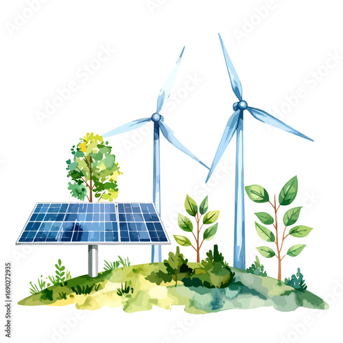 Sustainable Energy Landscape with Wind Turbines and Solar Panels.