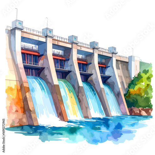 Watercolor painting of a large concrete dam with water flowing through spillways.