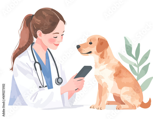 Female veterinarian with a stethoscope examining a golden retriever dog.