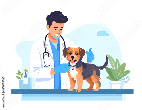 Caring male veterinarian examining a cute beagle puppy patient.