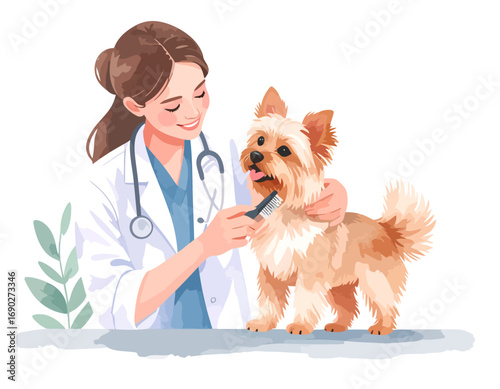 Veterinarian caring for a small dog during a checkup.