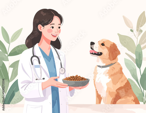 Veterinarian and Dog with Food Bowl.
