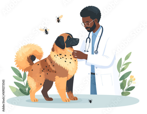 Veterinarian Examining Dog with Fleas Illustration.