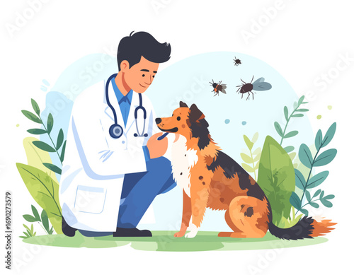 Veterinarian examining a dog for health checkup and pet care.
