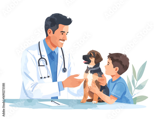 Caring veterinarian examining a cute puppy with a young boy.