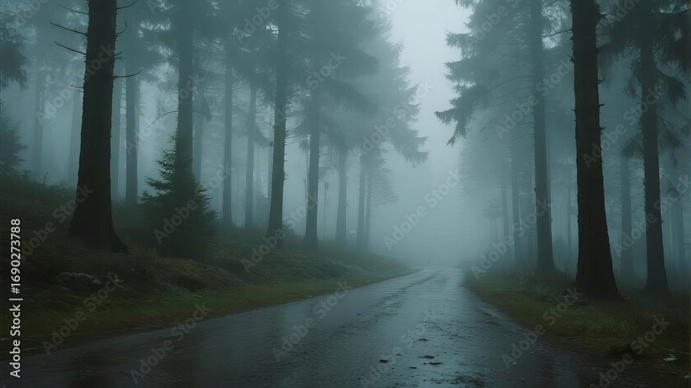 Naklejka premium Mist-Shrouded Forest with Various Paths Illuminated by Atmospheric Lighting, Mystical and Serene Landscape