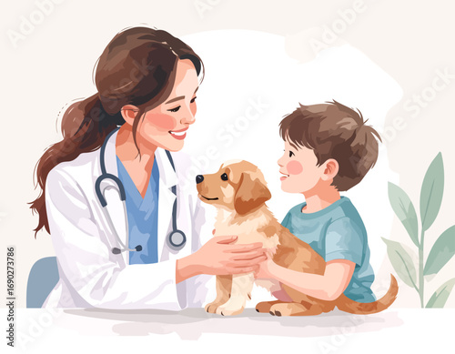 A kind female veterinarian examines a cute puppy held by a young boy.
