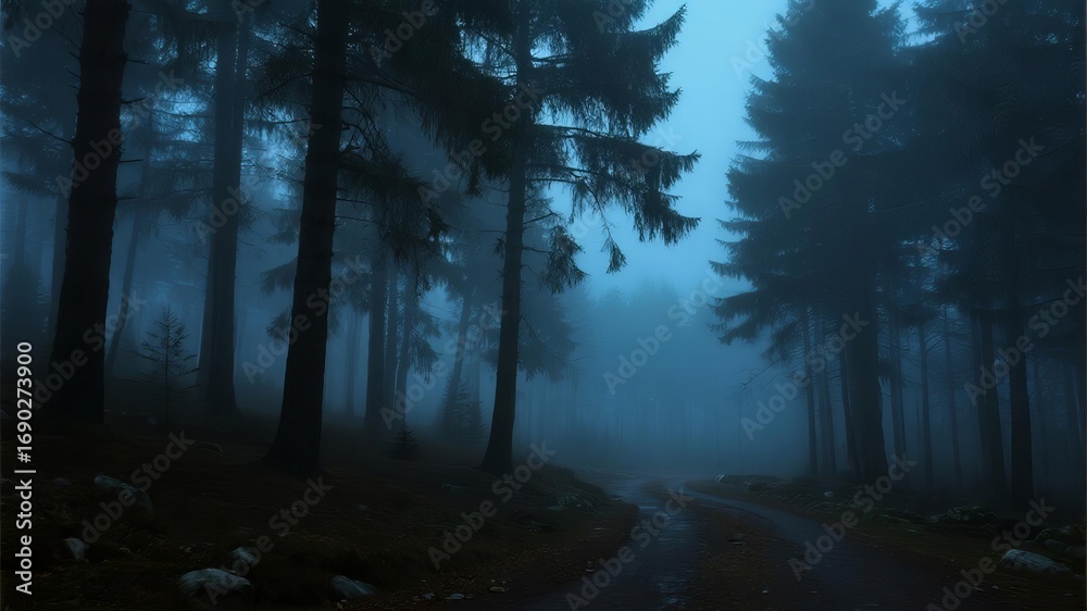 Fototapeta premium Mist-Shrouded Forest with Various Paths Illuminated by Atmospheric Lighting, Mystical and Serene Landscape