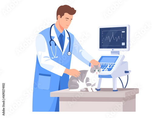 Veterinarian performing ultrasound on a cat.