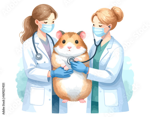 Veterinarians Examining Hamster with Stethoscopes and Masks in Medical Setting.
