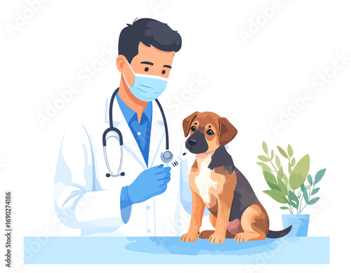 Veterinarian examining a puppy.