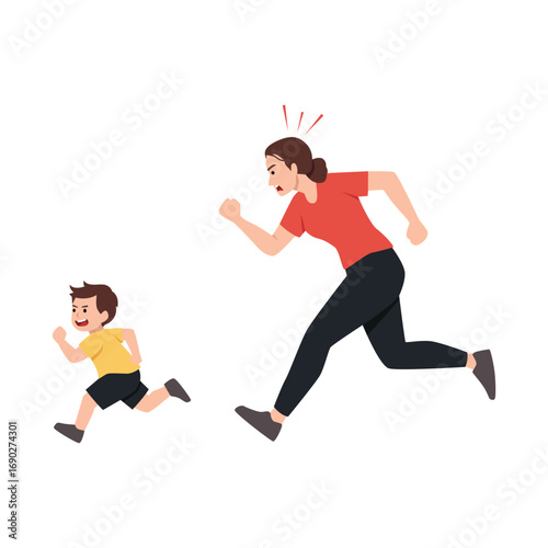 Angry mother running after her mischievous son who is playfully running away. Flat vector illustration isolated on white background