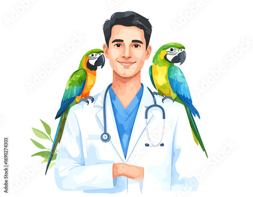 Veterinarian with two colorful parrots on shoulders.