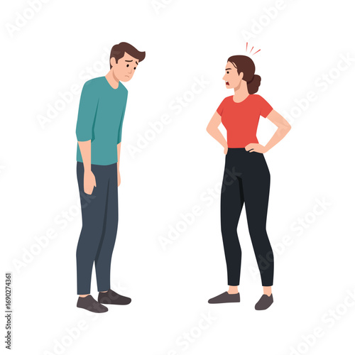 Angry woman scolding a sad man, showing conflict and relationship tension. Flat vector illustration isolated on white background
