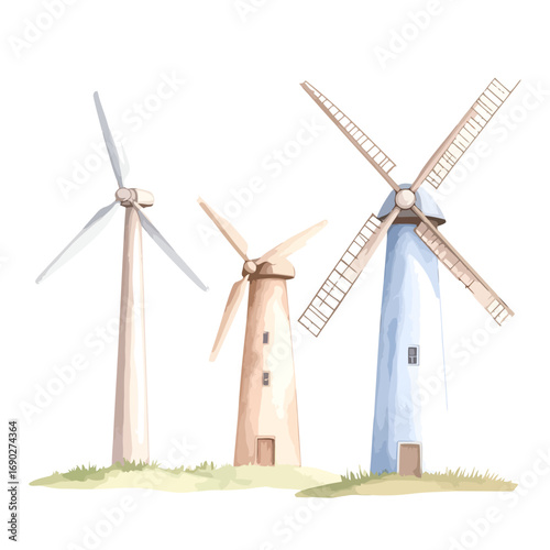 Watercolor painting of traditional windmills and a modern wind turbine.