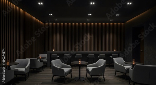Modern Lounge Area with Gray Armchairs and Dark Wood Paneling