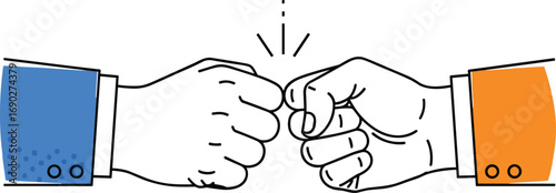 Cartoon vector illustration of two hands doing a fist bump, friendly greeting, teamwork, or celebration concept in flat style design