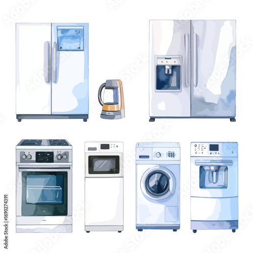 Collection of modern kitchen and laundry appliances.