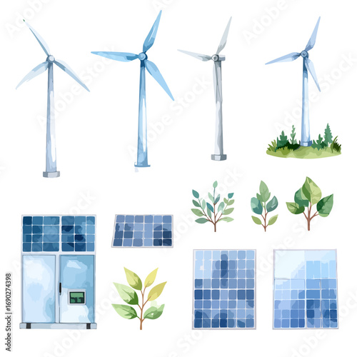 Renewable energy sources including wind turbines and solar panels.