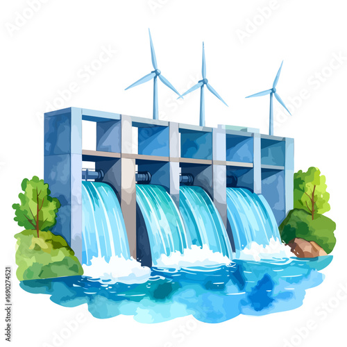 Watercolor illustration of a hydroelectric dam with wind turbines generating clean energy.