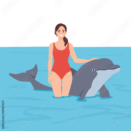 Woman in a red swimsuit standing in the water while gently touching a dolphin. Flat vector illustration isolated on white background