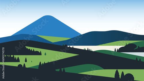 Minimalist Landscape with Rolling Hills and Distant Blue Mountains