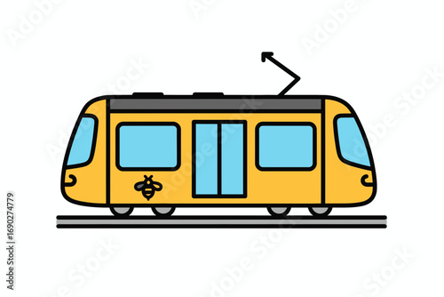 Simple, outlined illustration of a yellow city tram.