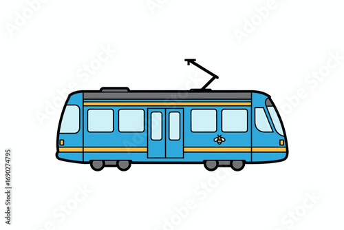 A simplified illustration of a light blue modern tram, showcasing its side profile with details like windows, doors, and a roof antenna.
