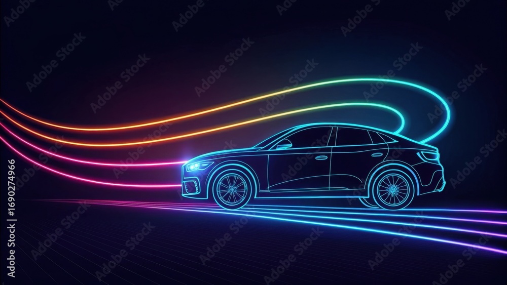 Naklejka premium Neon Outline Car with Dynamic Light Trails on Dark Background