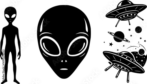 Alien SVG cut file, Alien silhouette, Alien face svg, Alien space silhouette, Alien vector, Alien UFO silhouette
