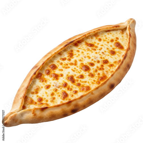 Photo of a delicious turkish pide, a boatshaped flatbread topped with melted cheese, isolated on a transparent background, perfect for food photography and culinary themes