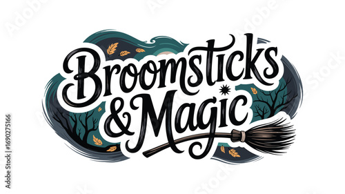 Broomsticks and Magic Halloween Art: Spooky Typography with Broom, Trees, Moon, and Falling Leaves for Greeting Cards and Invitations