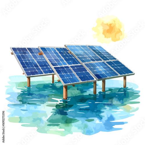 Floating solar panels on water under the sun.