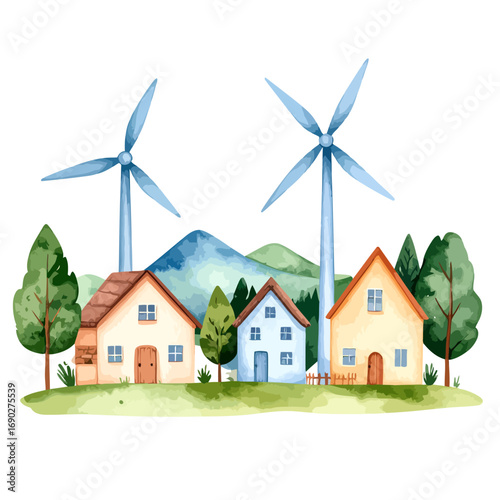 Watercolor illustration of houses and wind turbines.