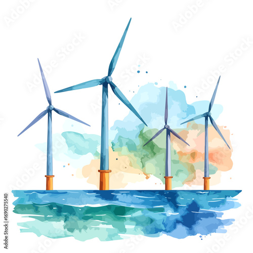 Artistic watercolor illustration of offshore wind turbines.