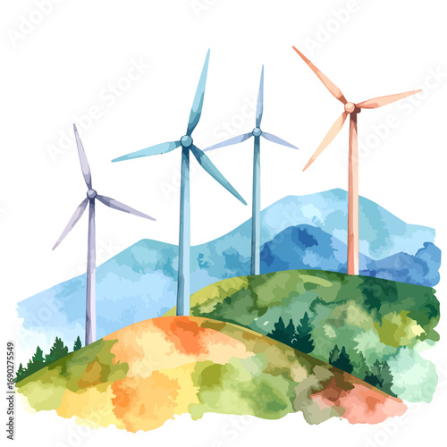 Watercolor illustration of wind turbines on a green hill generating clean energy.